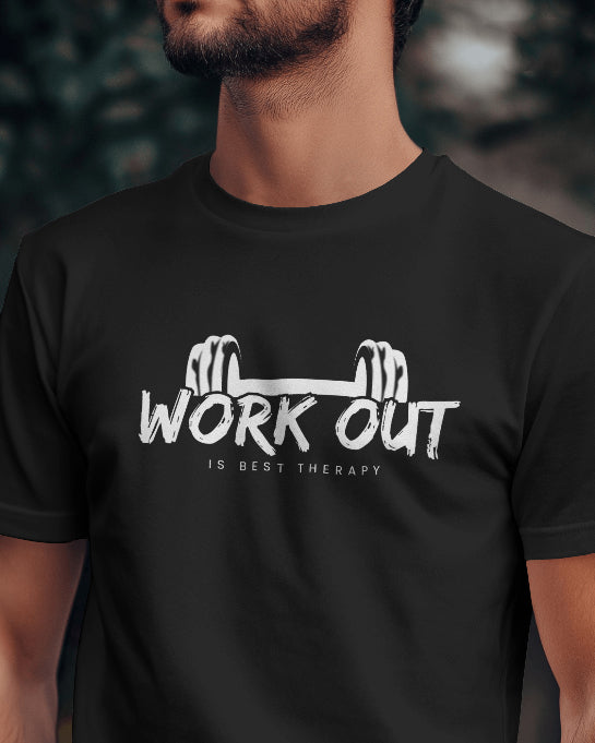 Work Out Is Best Therapy Black T-Shirt Gym & Fitness Motivation Tee for Men