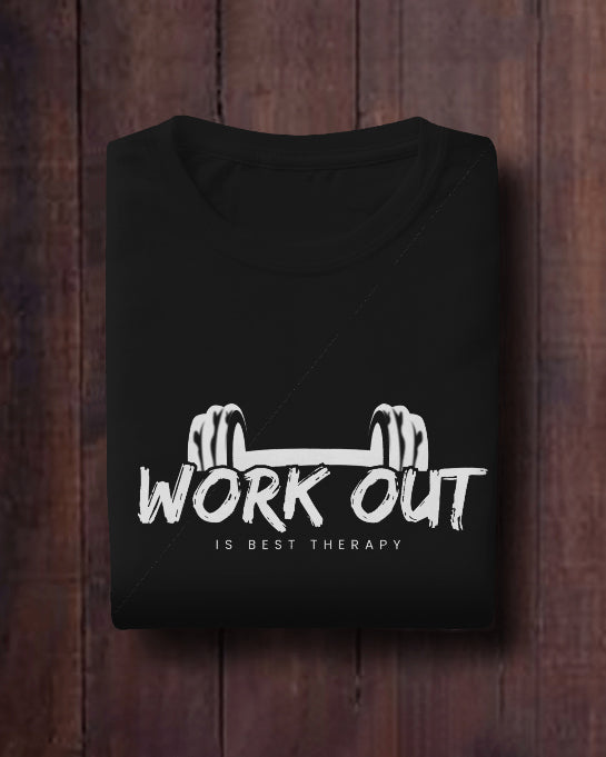 Work Out Is Best Therapy Black T-Shirt Gym & Fitness Motivation Tee for Men