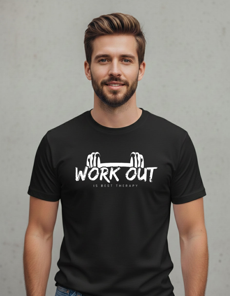 Work Out Is Best Therapy Black T-Shirt Gym & Fitness Motivation Tee for Men
